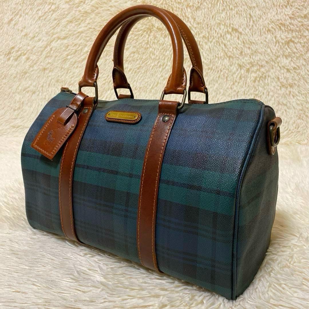 【美品】ポロラルローレン ミニボストン バッグ　PVCレザー ブラックウォッチ