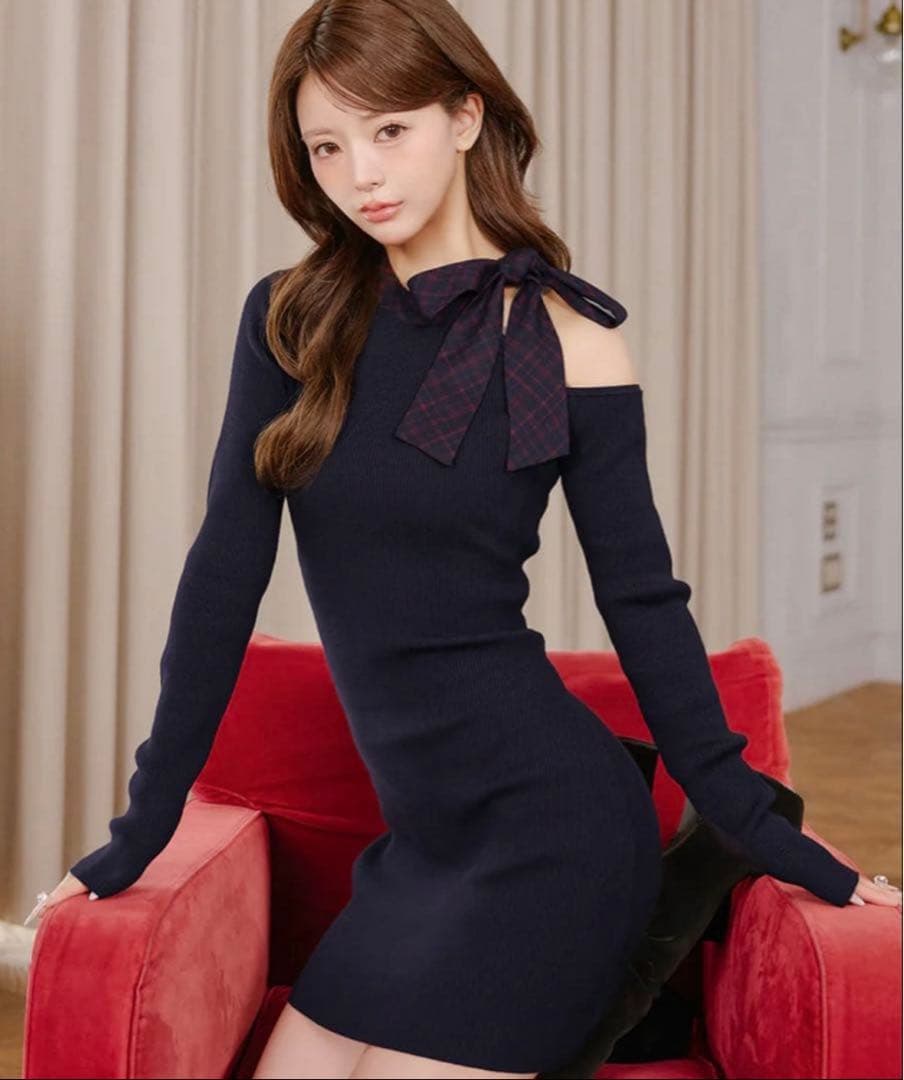 ダーリッチ　チェックリボンワンショルニットミニワンピース　FL