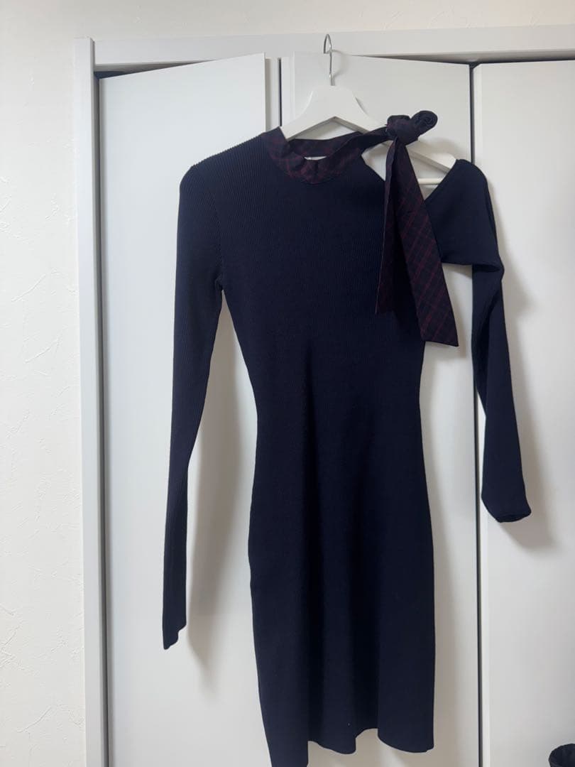 ダーリッチ　チェックリボンワンショルニットミニワンピース　FL