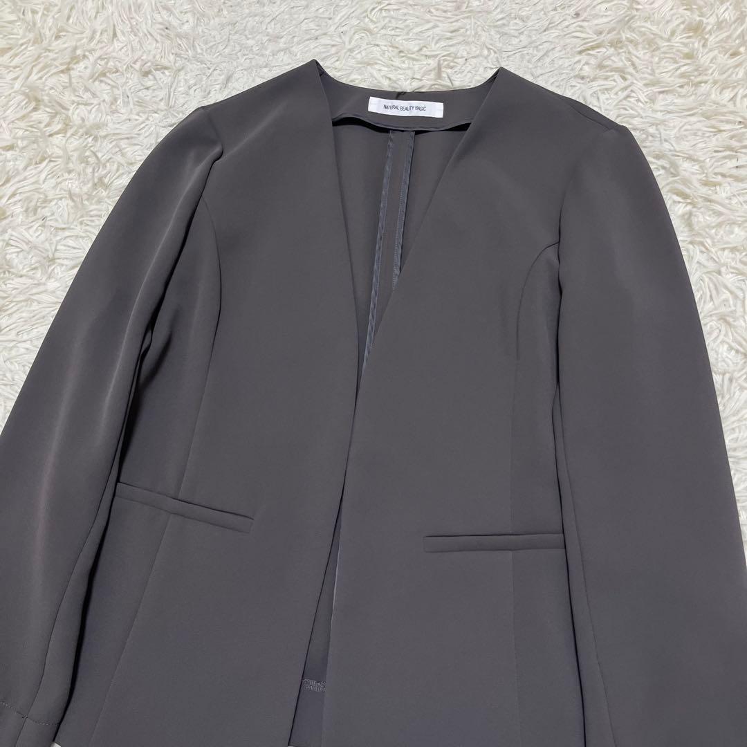 美品 ナチュラルビューティーベーシック ノーカラー セットアップ スーツ パンツ