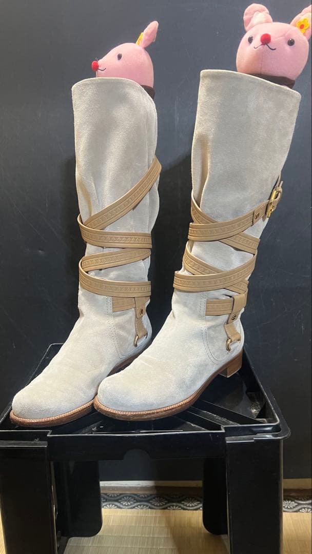 デパート購入ルイヴィトンロングブーツスエードレザーベルトライトグレー&ベージュ