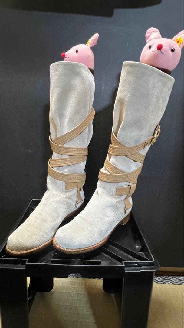 デパート購入ルイヴィトンロングブーツスエードレザーベルトライトグレー&ベージュ