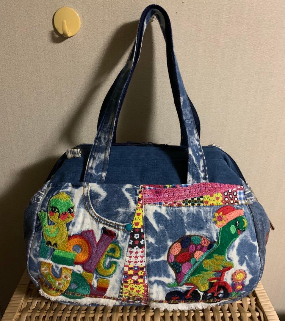 1938【もも】ワイヤー口金ボストンバッグ(L)、デニムリメイク