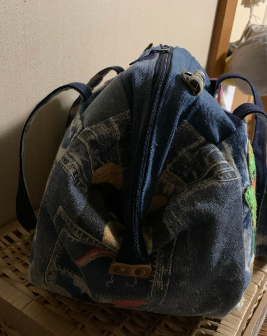 1938【もも】ワイヤー口金ボストンバッグ(L)、デニムリメイク