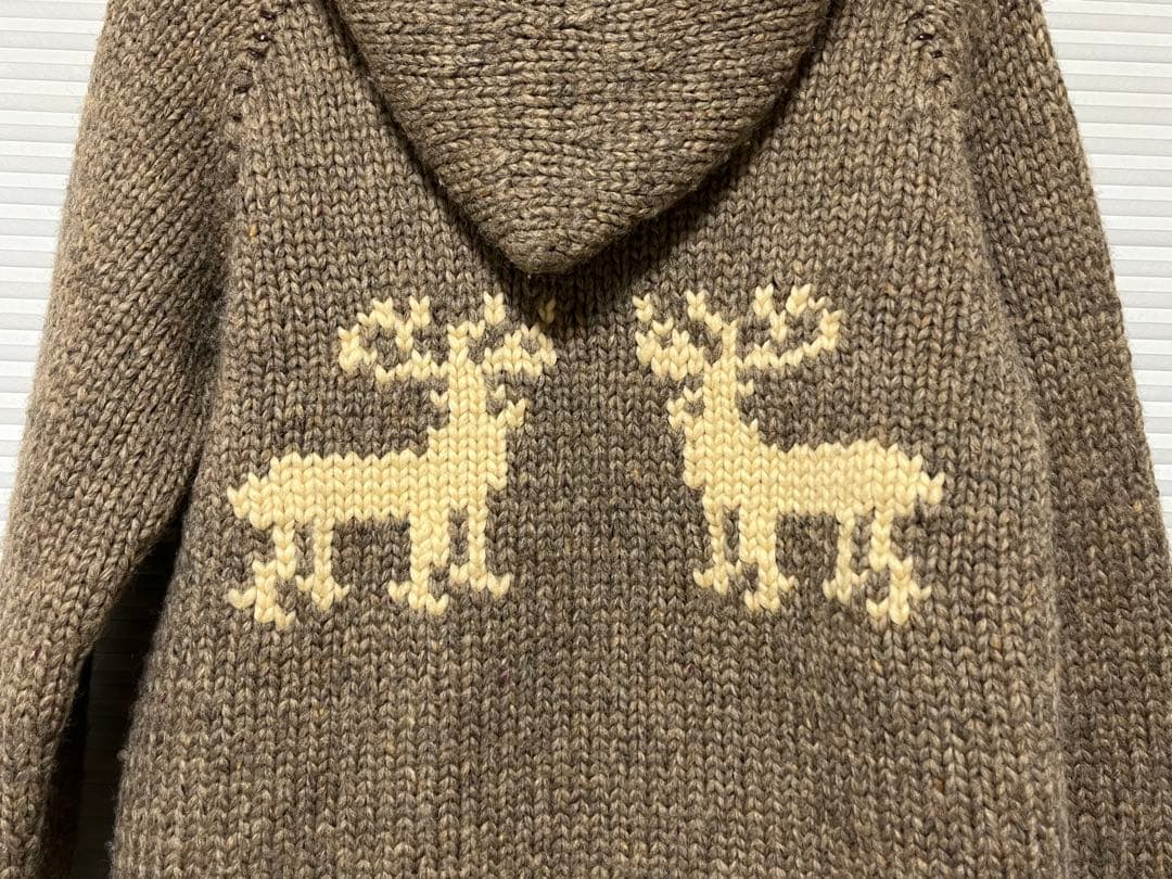 カナディアンセーター カウチン トナカイ柄 フーディ ニット 茶 ダブルジップ