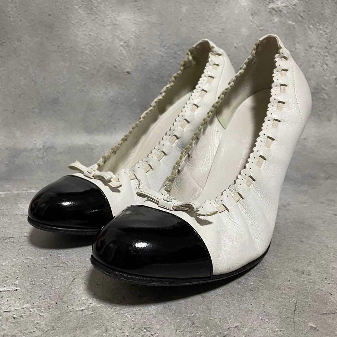 シャネル　CHANEL　ハイヒールパンプス　バイカラー　リボン　ココマーク　36
