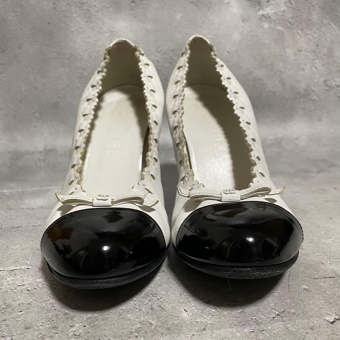シャネル　CHANEL　ハイヒールパンプス　バイカラー　リボン　ココマーク　36