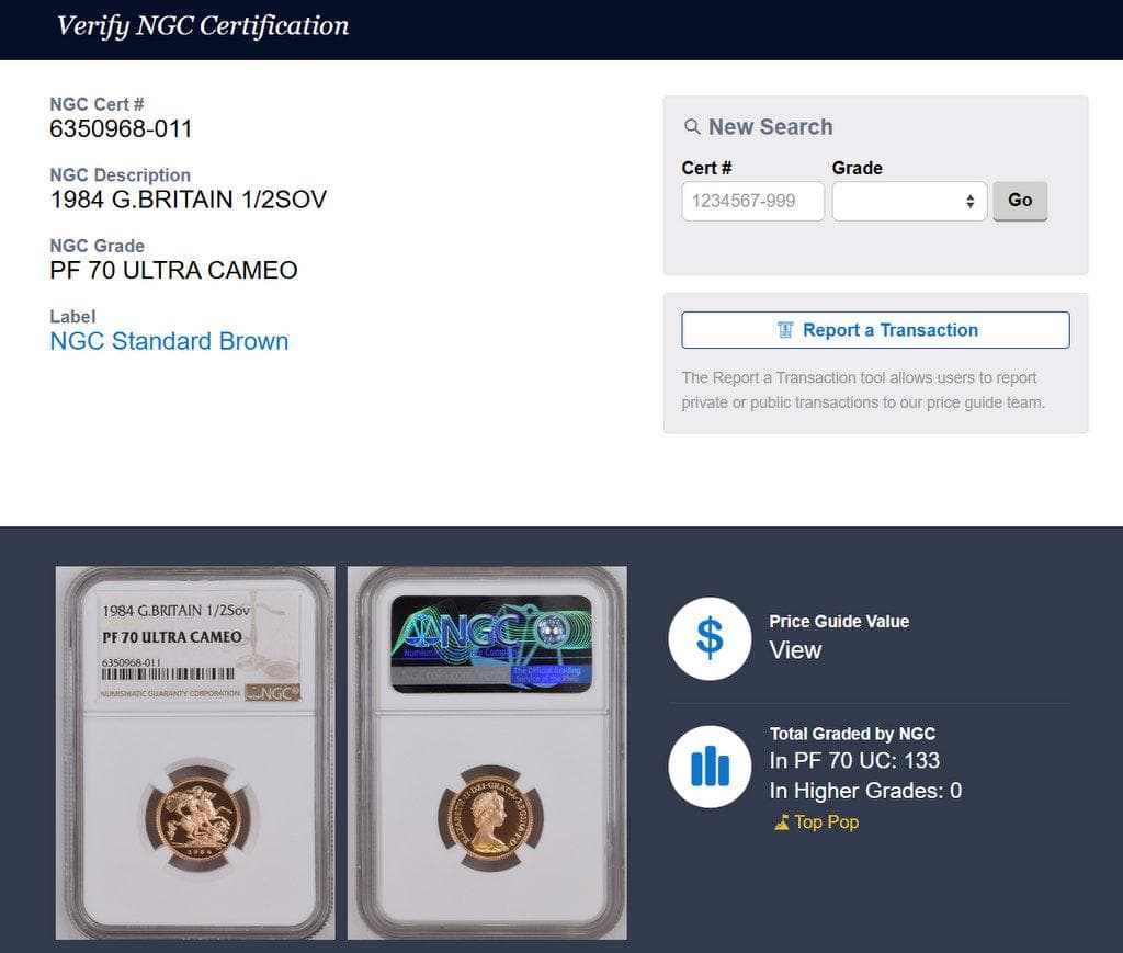 1984年イギリス エリザベス2世 1/2ソブリン金貨 NGC PF70DCAM