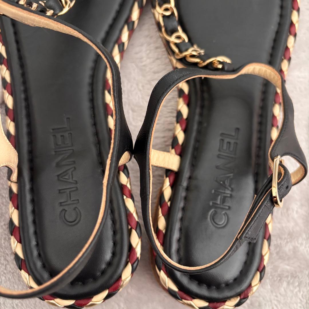 CHANEL ココマーク チェーン編み込みトングサンダル 38