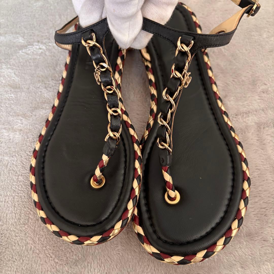 CHANEL ココマーク チェーン編み込みトングサンダル 38