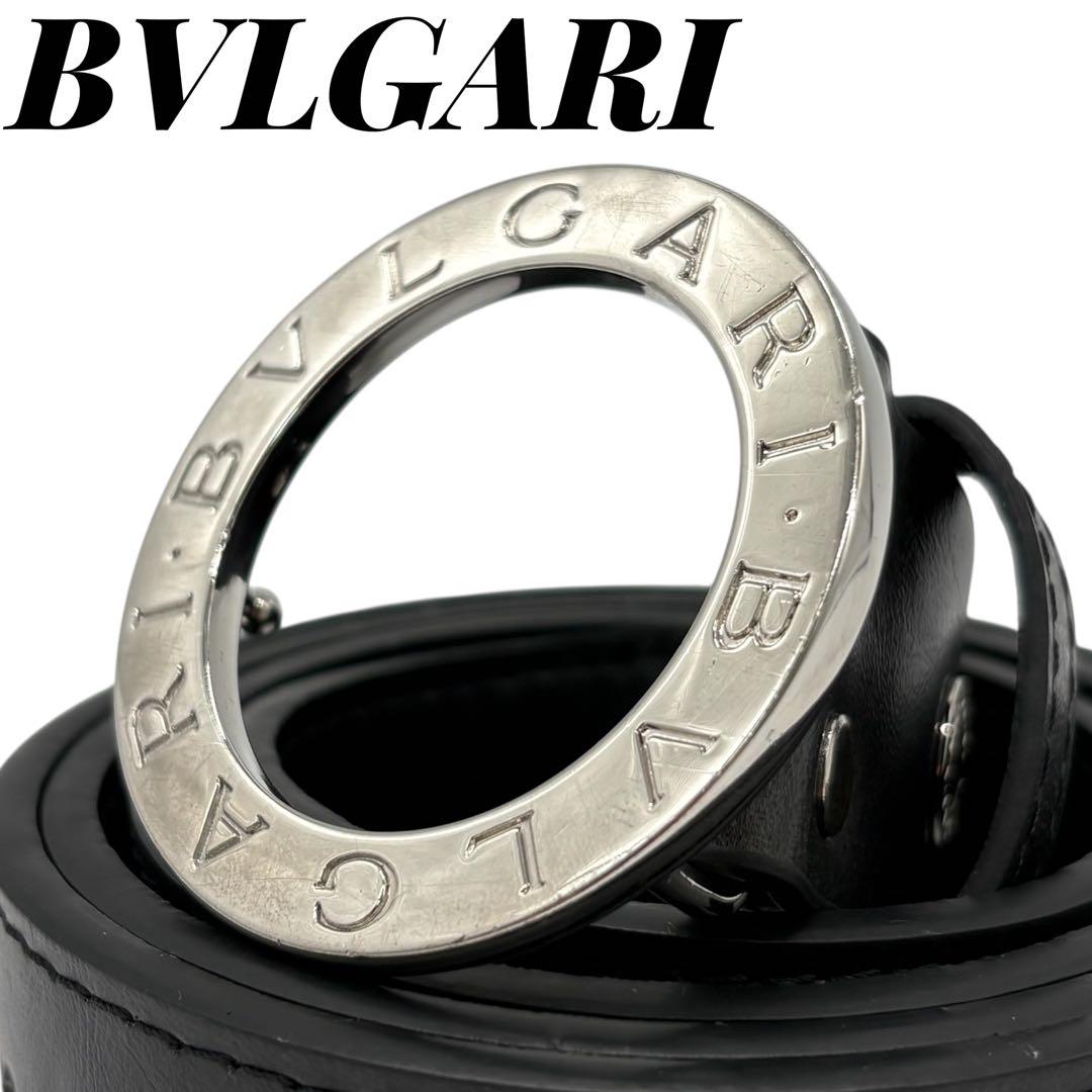 美品✨ブルガリ ベルト サークルロゴ シルバー金具 幅4cm メンズ ブラック