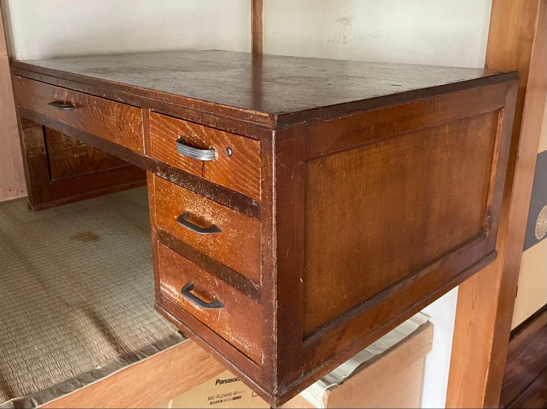 昭和レトロ 古家具 木製文机 4引き出し付き座卓 書斎机 ビンテージ