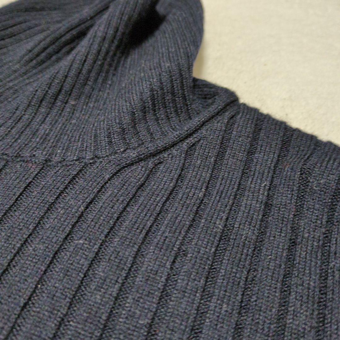 濃紺 ネイビー リブ編み タートルネック セーター ニット イタリア製糸 ウール