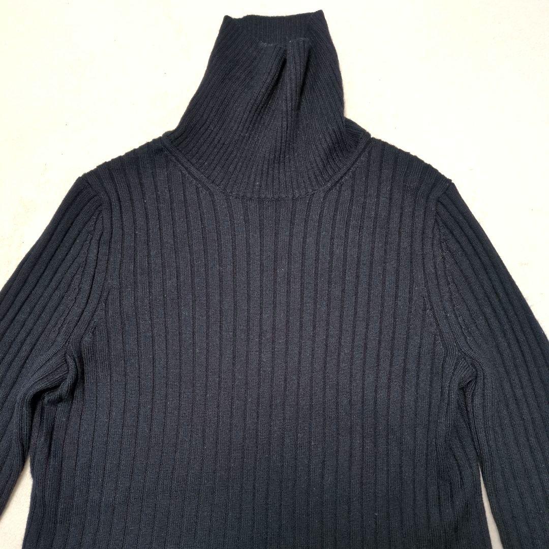 濃紺 ネイビー リブ編み タートルネック セーター ニット イタリア製糸 ウール