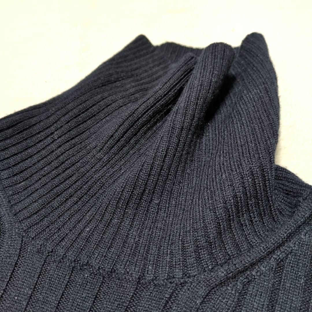 濃紺 ネイビー リブ編み タートルネック セーター ニット イタリア製糸 ウール