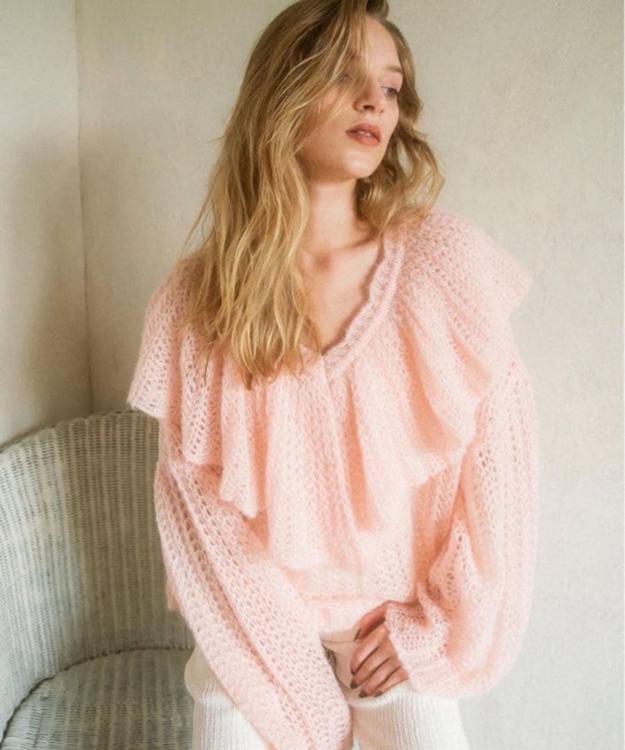 【極美品】HONEY MI HONEY フリルカラークロシェニット　ピンク