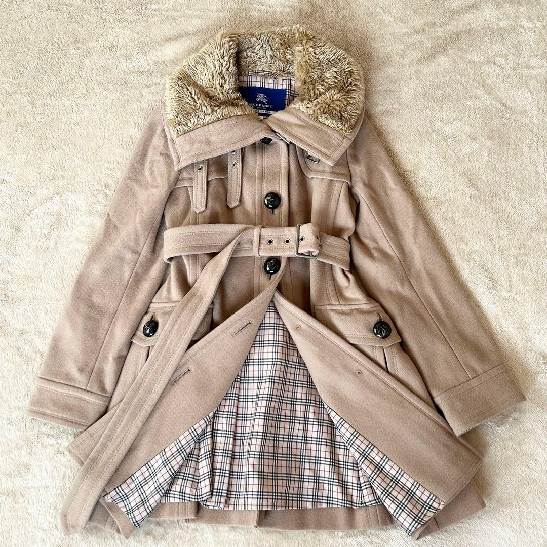 【極美品】バーバリーブルーレーベル ノバチェック ファーコート 38 ベージュ