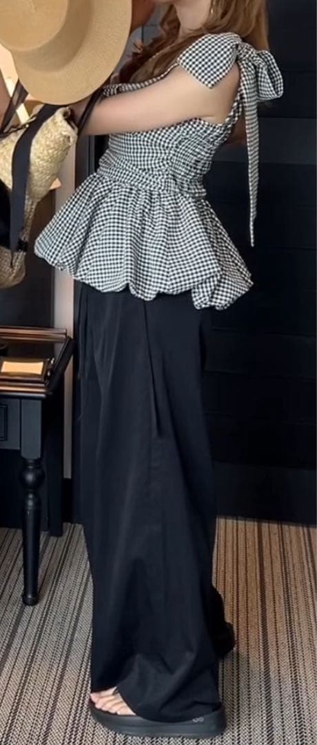 トップス RANCLIC 2way ribbon peplum top GINGHAM