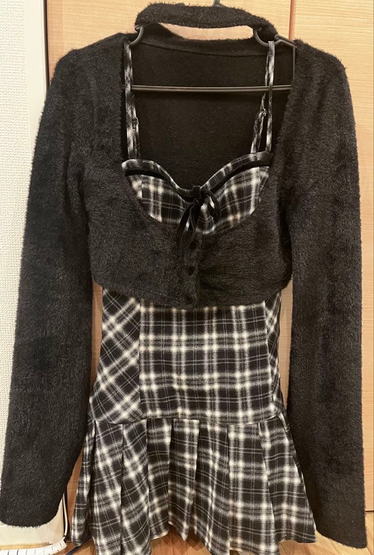 Bunnylis ファーボレロ×チェックミニワンピース ブラック タグ付き