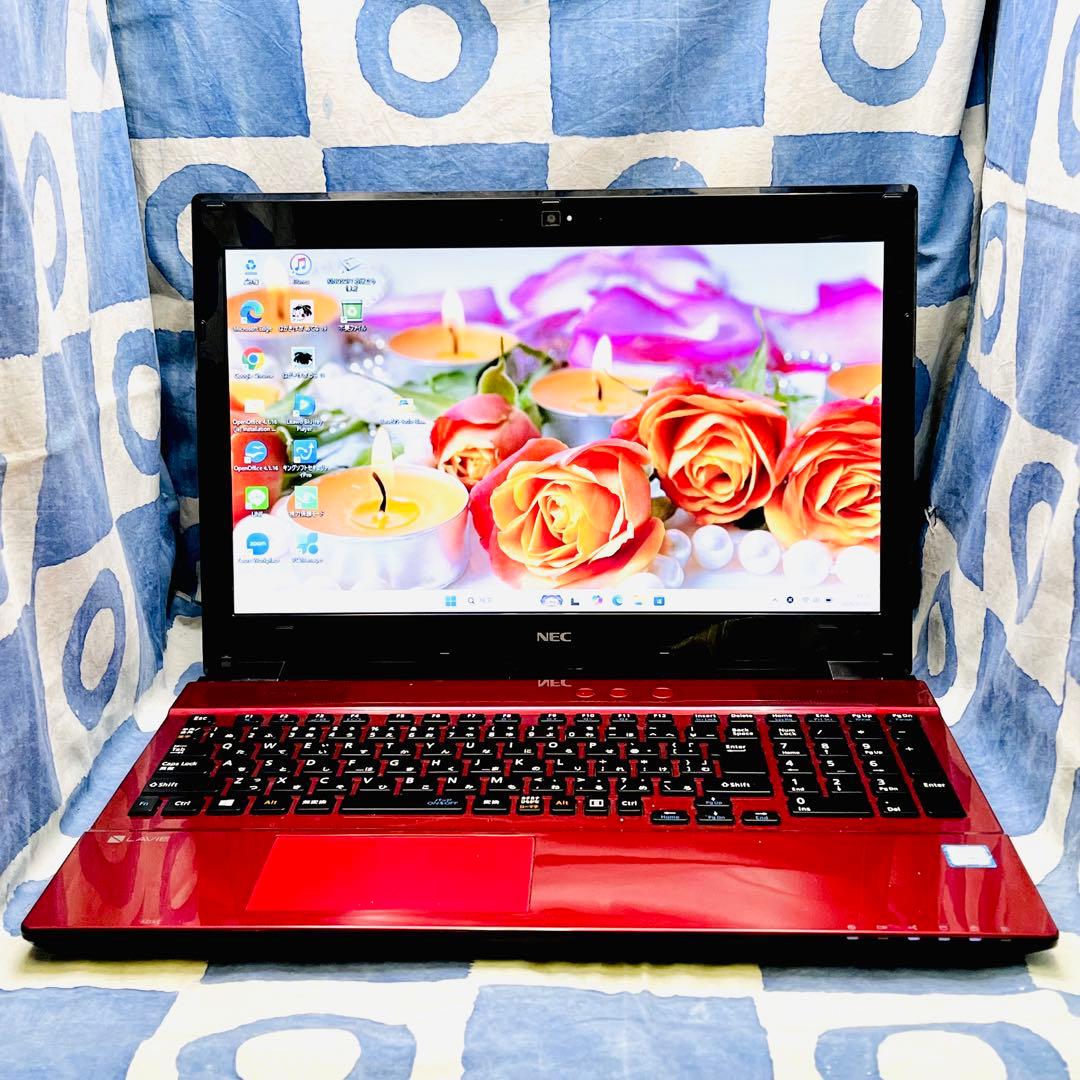 快速SSD256GB☆貴重赤ノートPC♪ブルーレイ&カメラ！第7世代！Win11