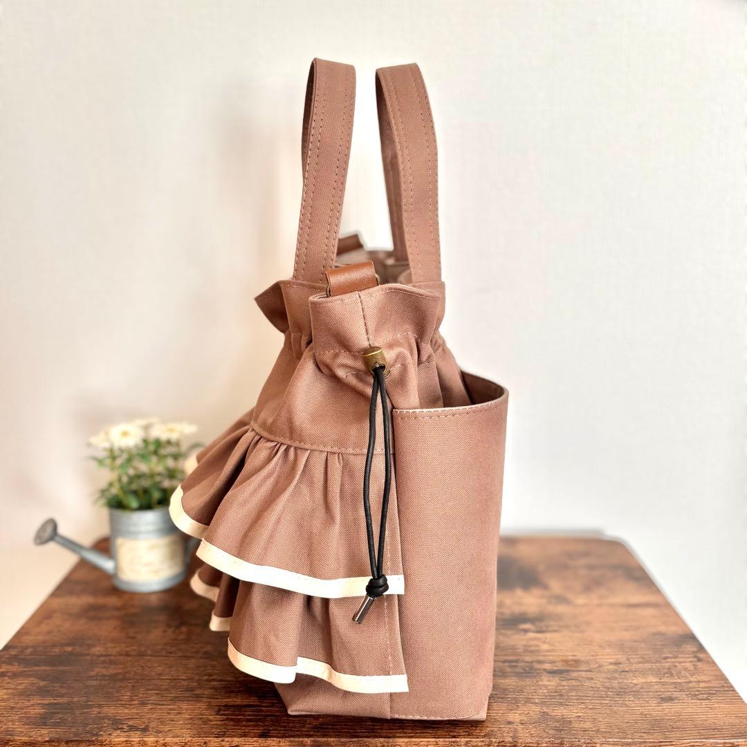 【えり】ダブルフリル巾着ショルダーバッグ　帆布　ココア×エレガントフラワー