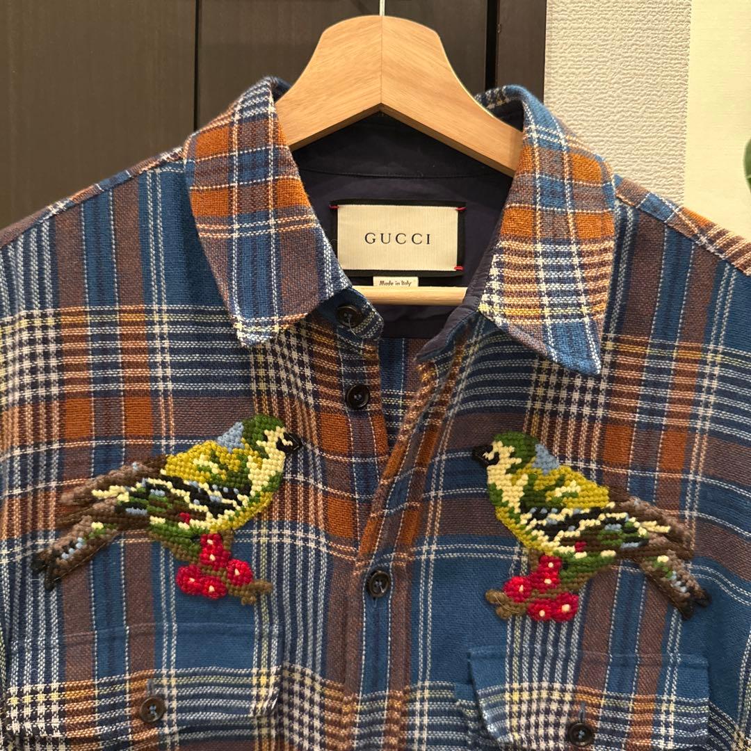GUCCI チェックシャツ バードエンブロイダリー シャツ