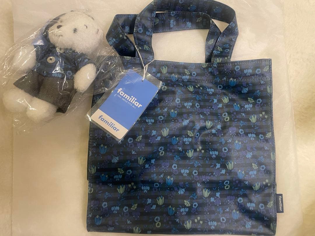 ファミリア　リバティ柄トートバッグ＆マスコットベアー（ブルーグリーン）