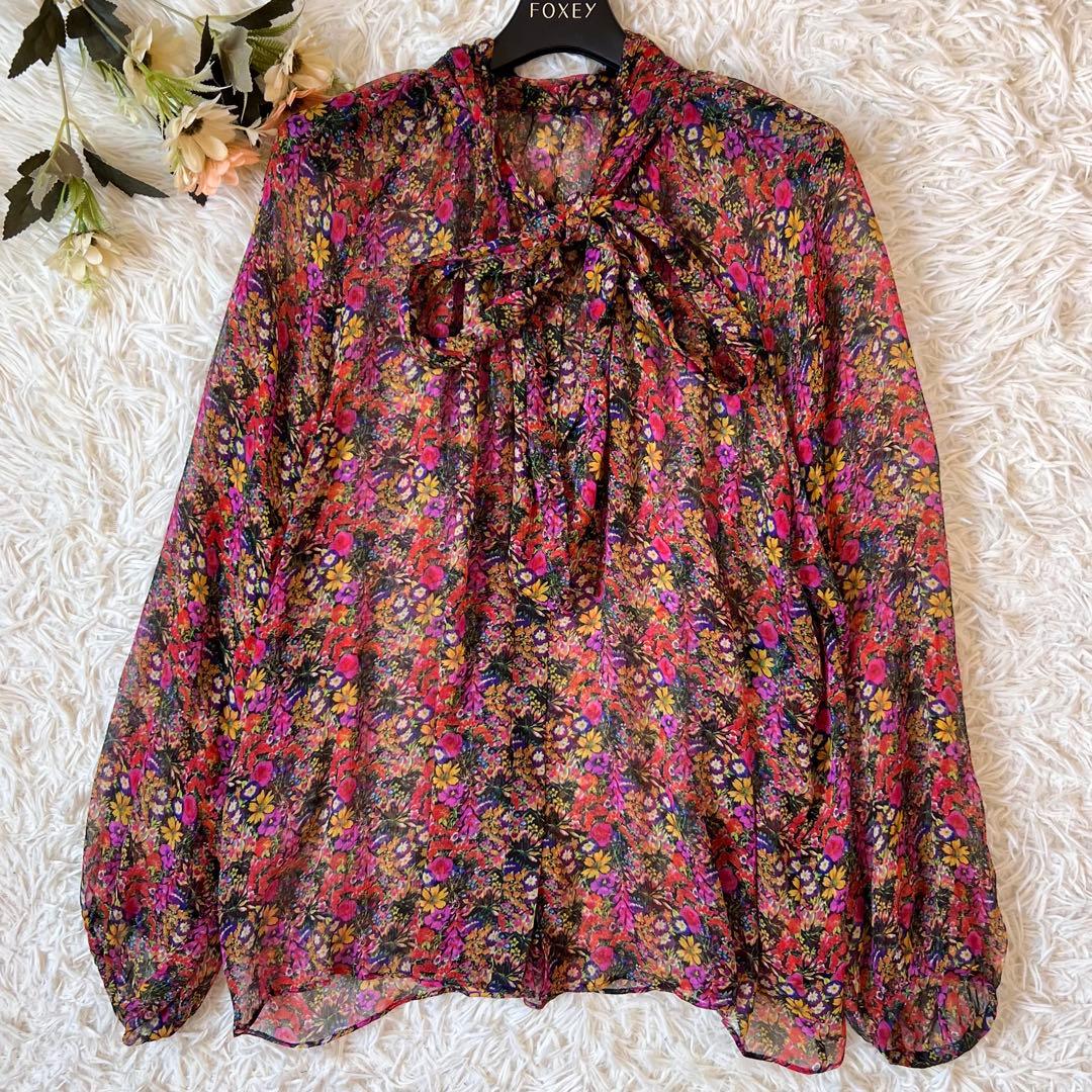 Drawer ドゥロワー フラワー プリント シルク リボン シアー ブラウス