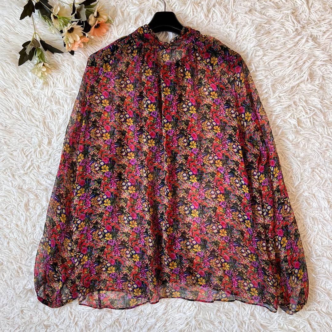 Drawer ドゥロワー フラワー プリント シルク リボン シアー ブラウス