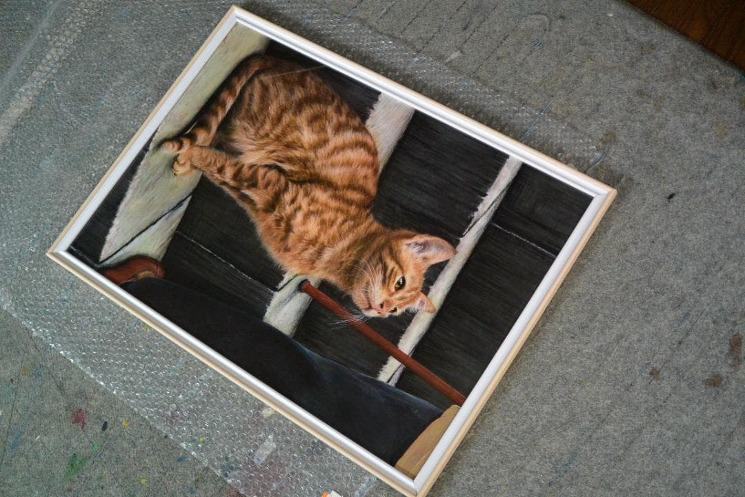 アクリル画　石段で見守る猫　Ａ２