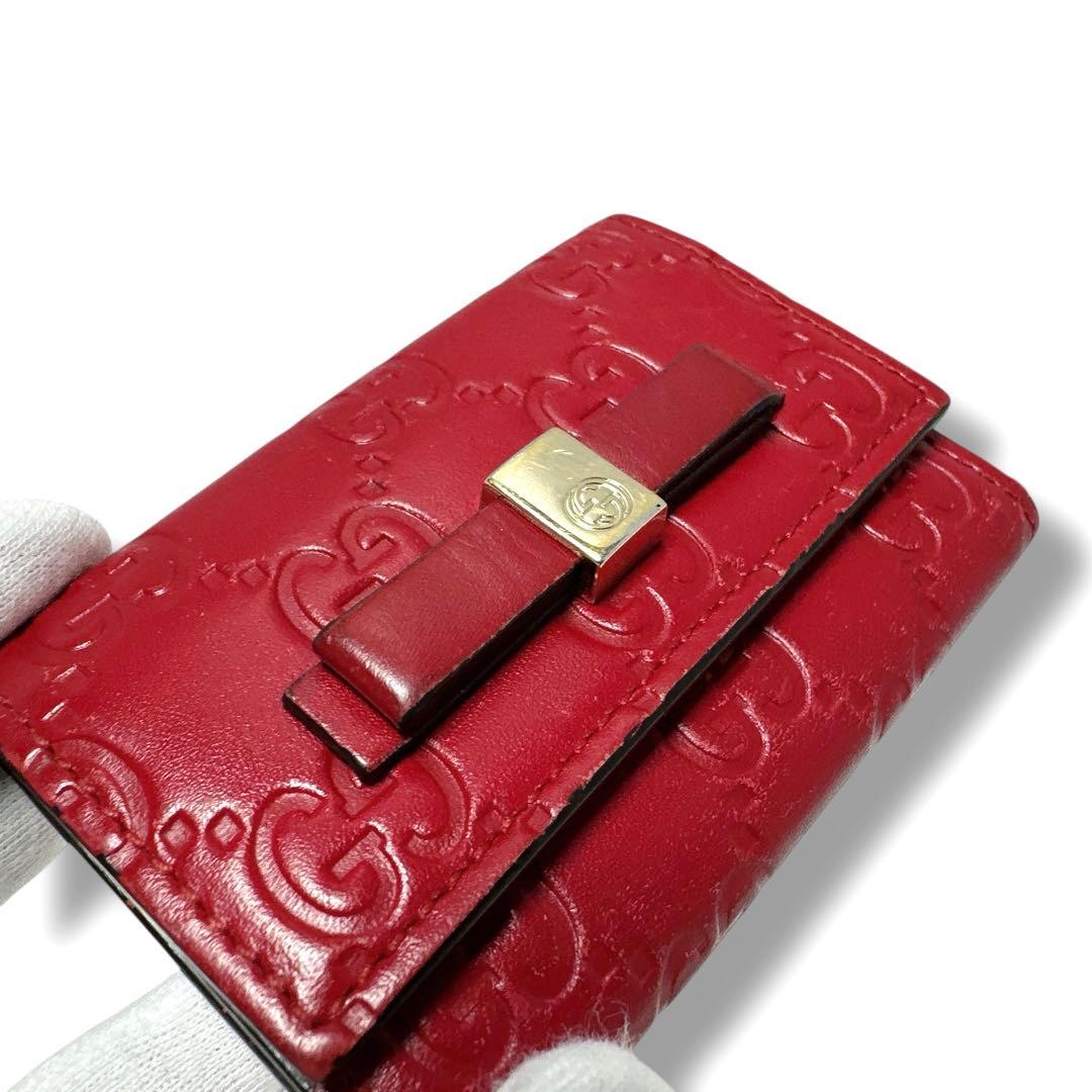 美品✨グッチ 6連 キーケース GG シマ レザー リボン レッド 赤