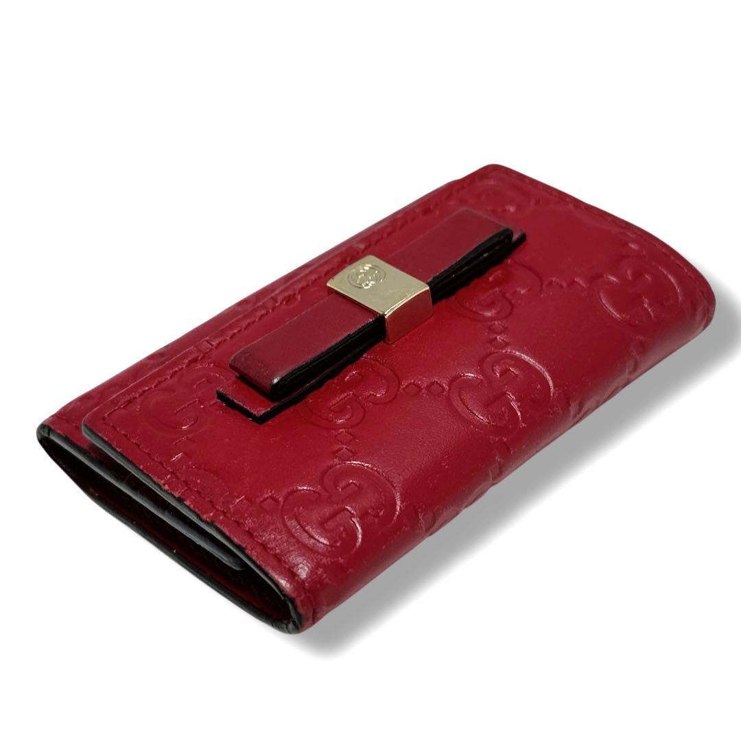 美品✨グッチ 6連 キーケース GG シマ レザー リボン レッド 赤