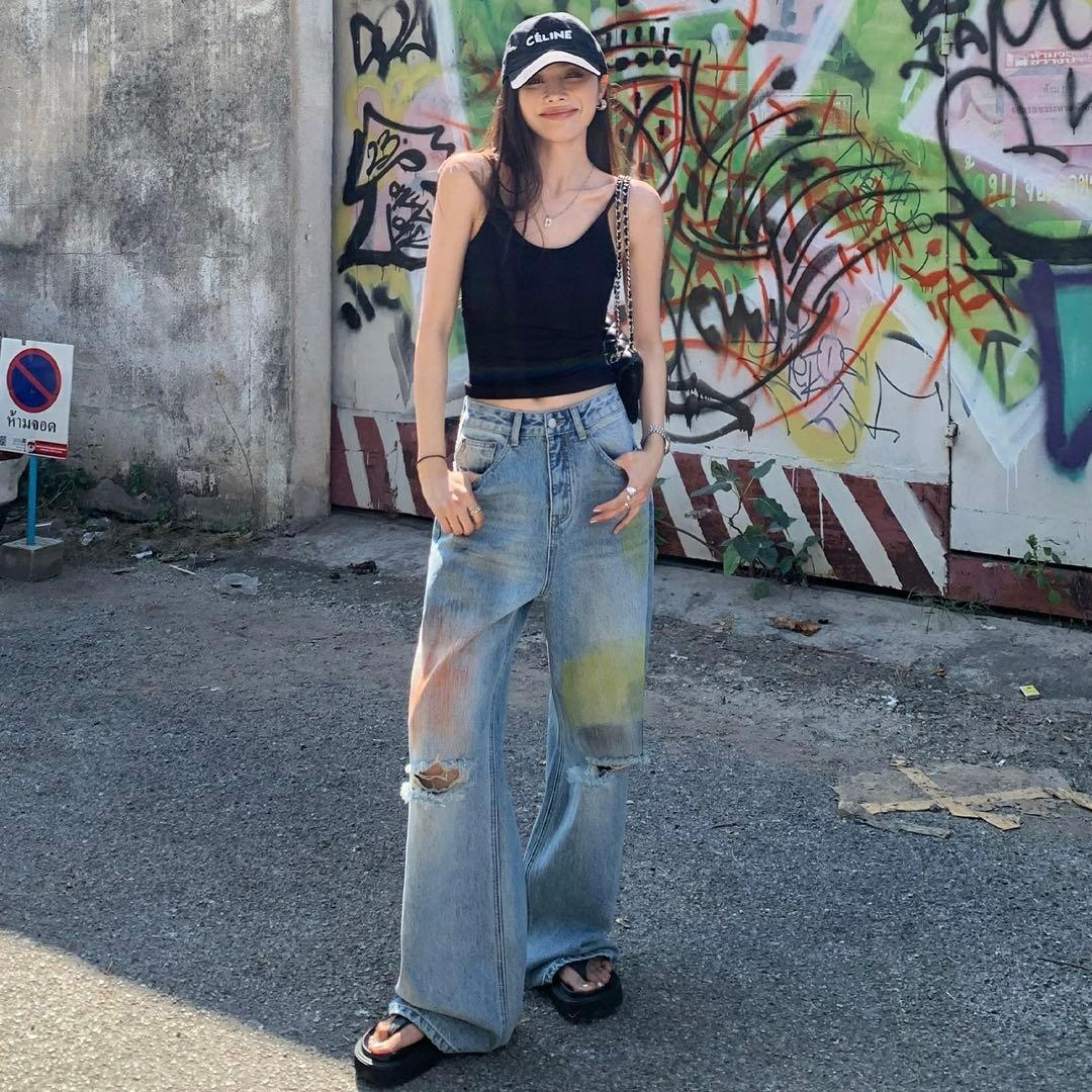 ゆったりデニム✭ダメージペイントパンツ★夏秋コーデに最適❤️