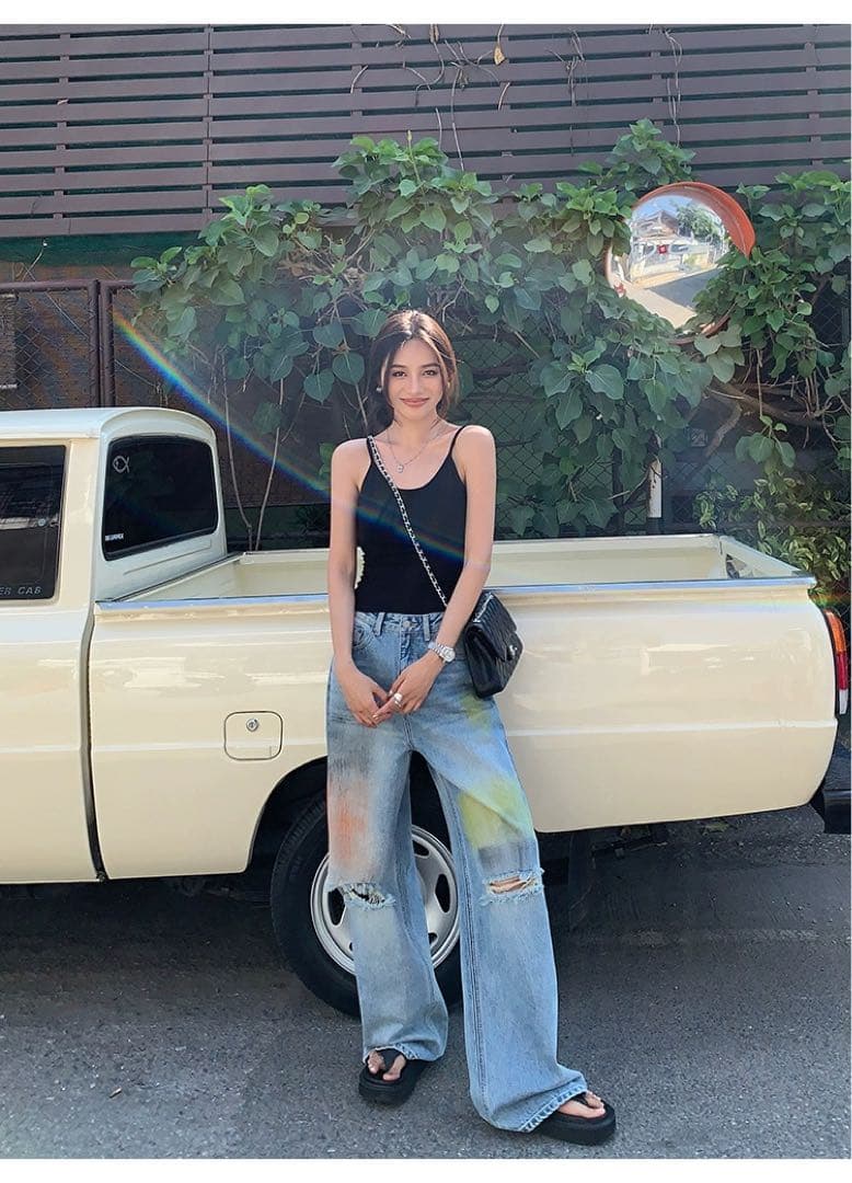 ゆったりデニム✭ダメージペイントパンツ★夏秋コーデに最適❤️