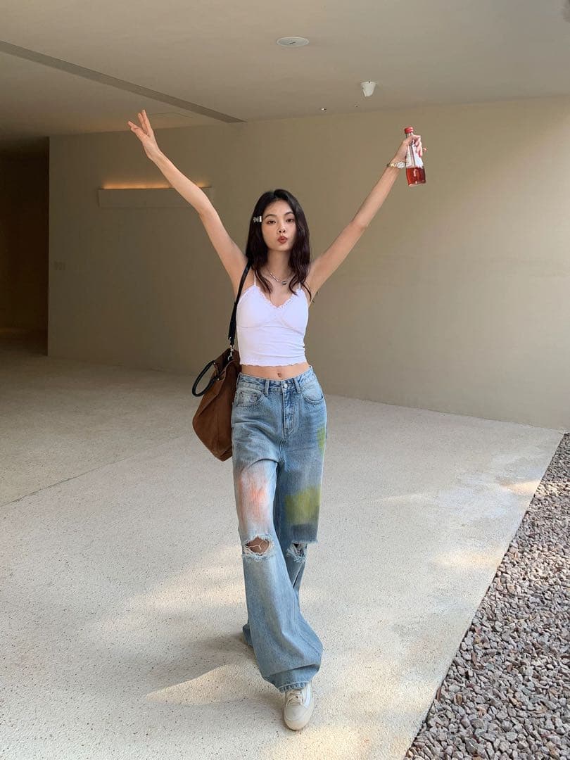 ゆったりデニム✭ダメージペイントパンツ★夏秋コーデに最適❤️