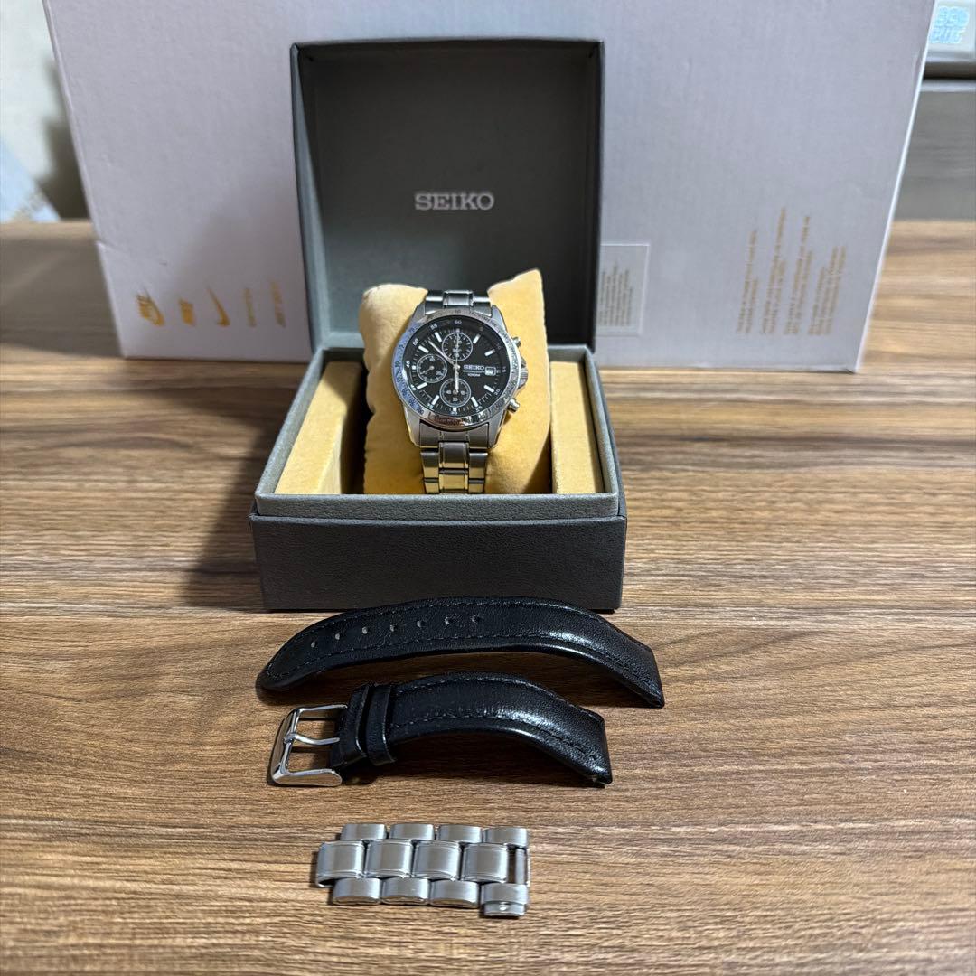 SEIKO クロノグラフ ブラック　海外モデル➕本革ベルト20mm 動いてます