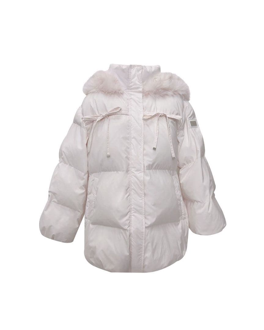 ミシェルマカロン　ファーフードリボンダウンコート　ピンク　フリーサイズ