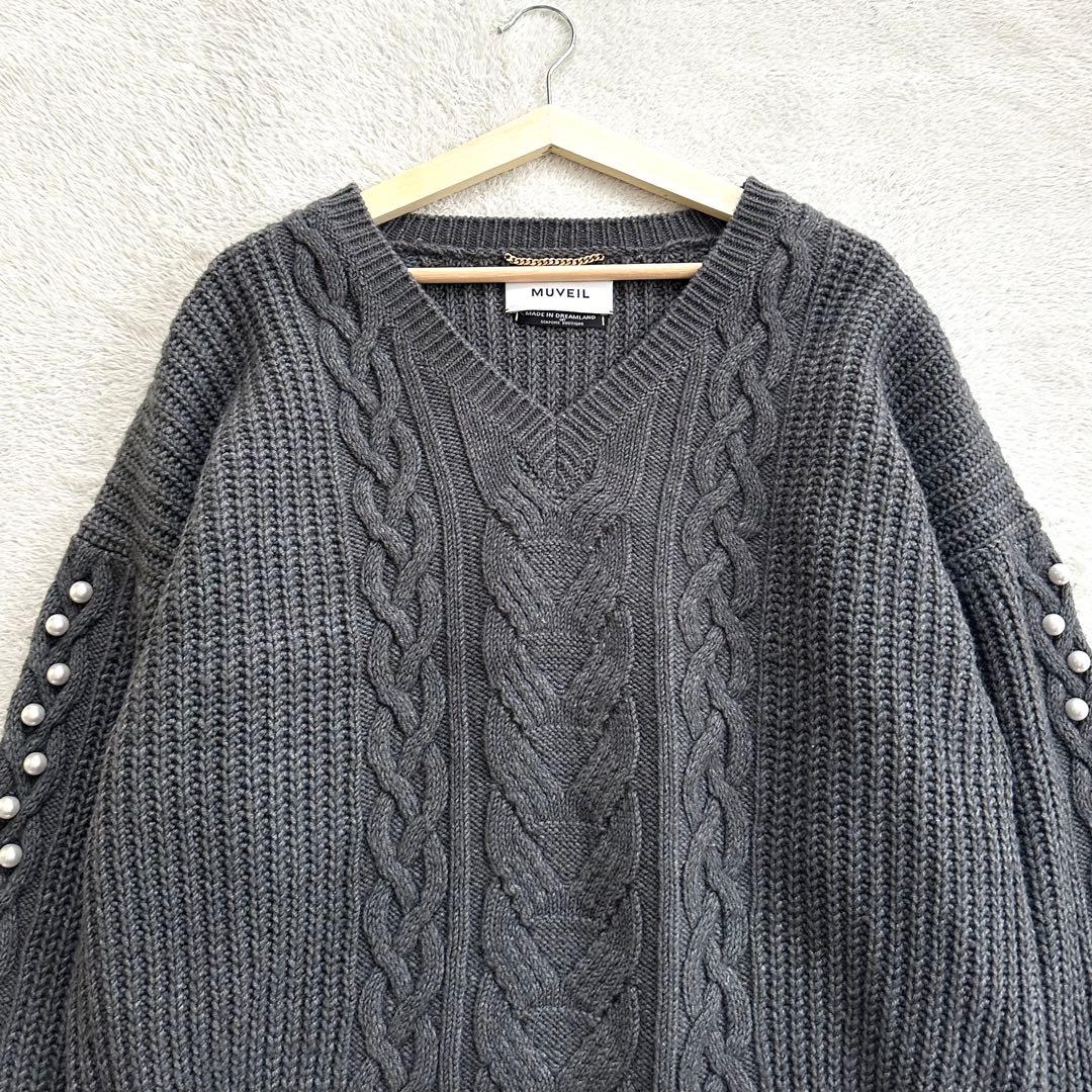 美品 MUVEIL パール袖 ケーブル編み ニット セーター Vネック 38