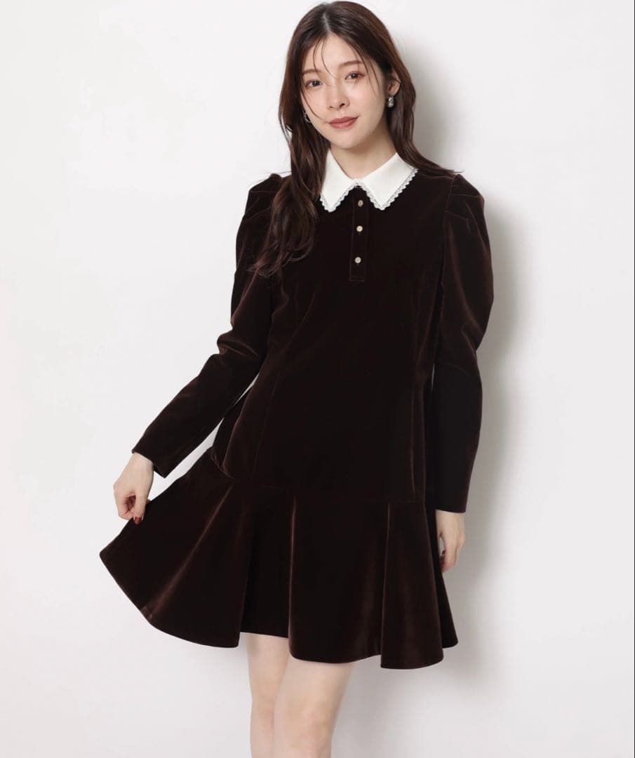 Rirandture リランドチュール ベルベットカラーミニワンピース ブラウン