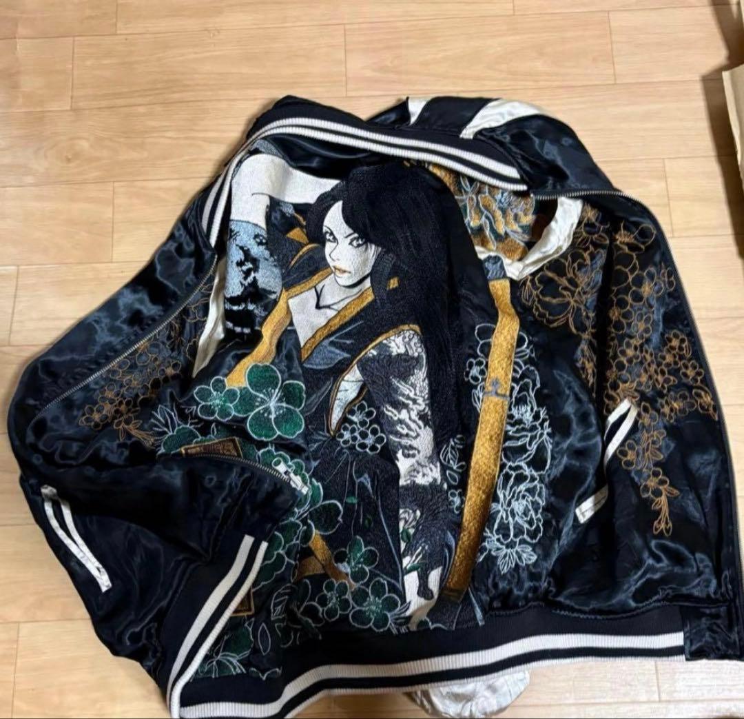 抜刀娘 スカジャン 女の子 刺繍 リバーシブル メンズ L 白 黒 ストリート