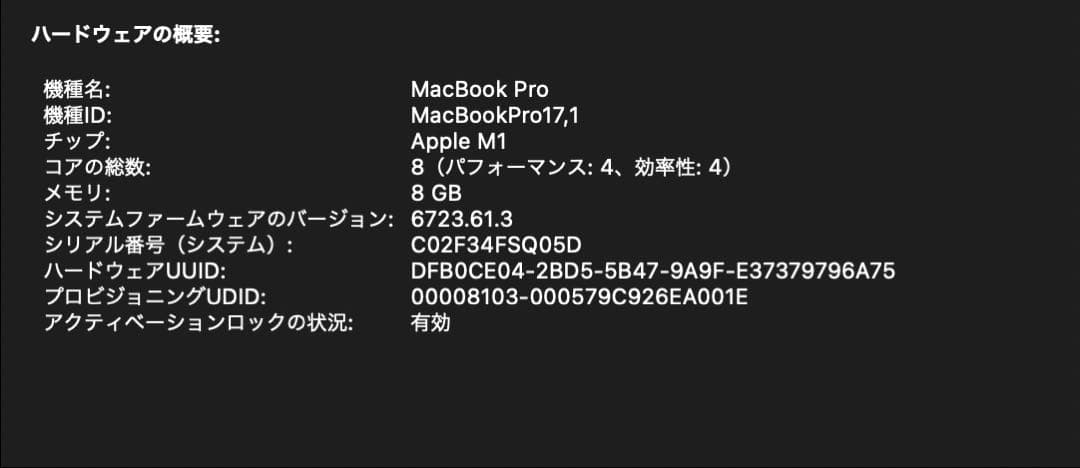 MacBook Pro 2020 13インチ M1 モデル　8GB