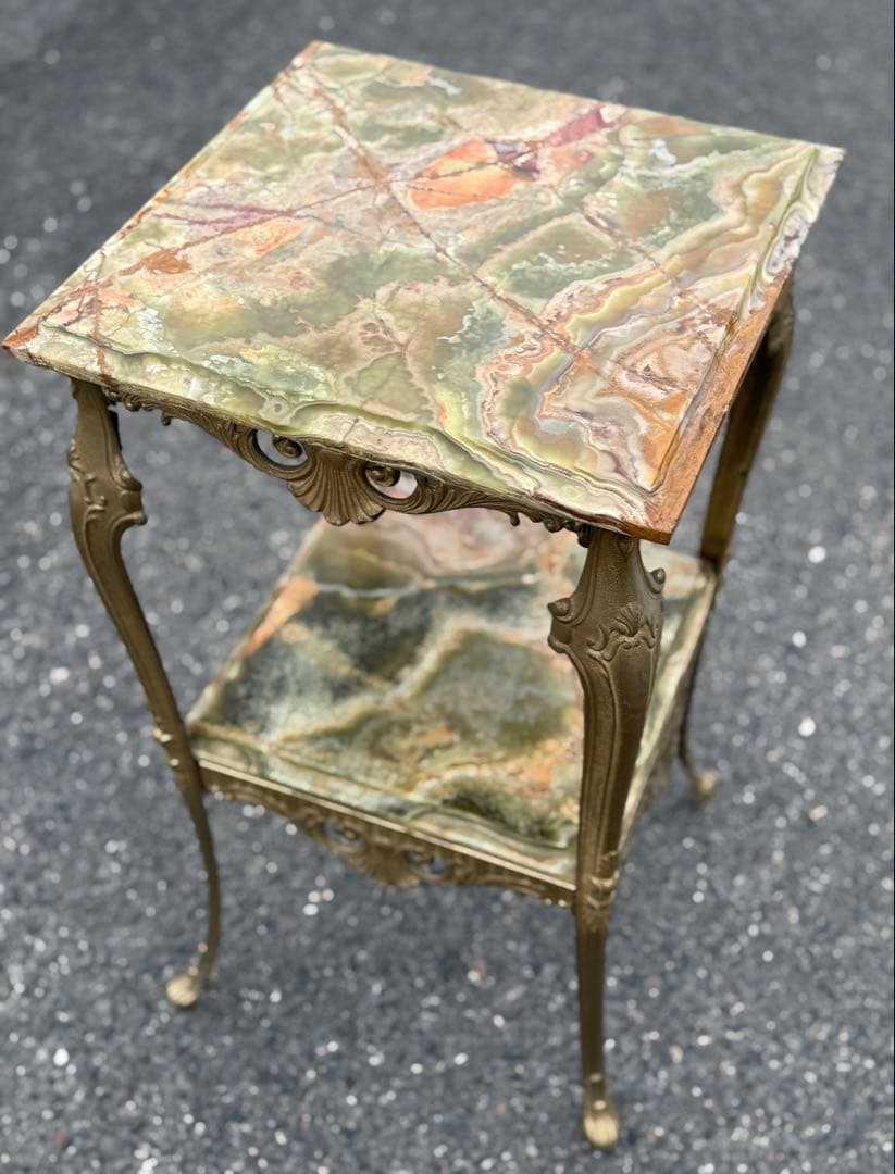 アンティーク 大理石 グリーンオニキス サイドテーブル 2段式