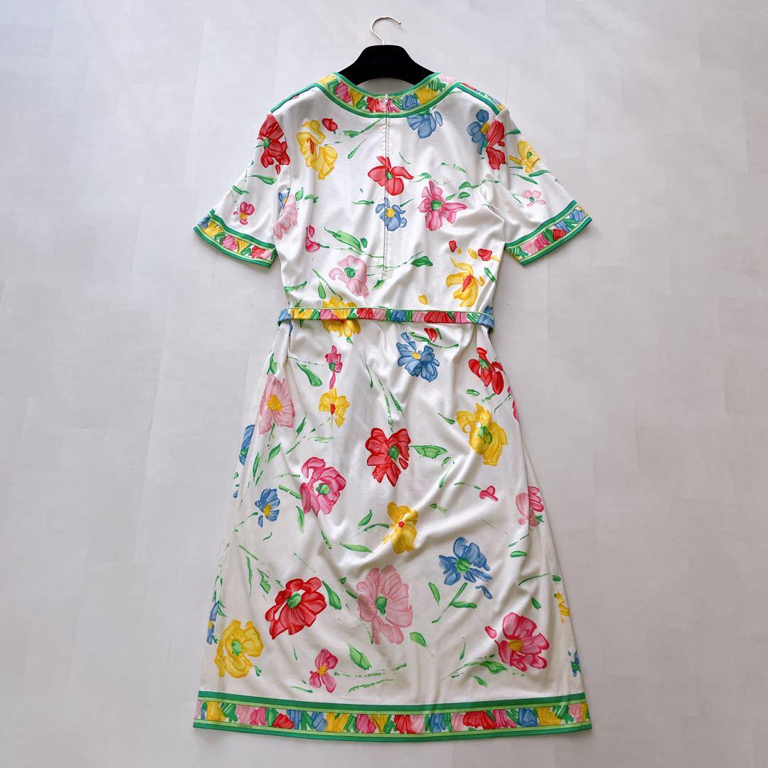 高級✨レオナール 花柄ワンピース トリム ベルト ゴールド金具 ロゴ刻印 L