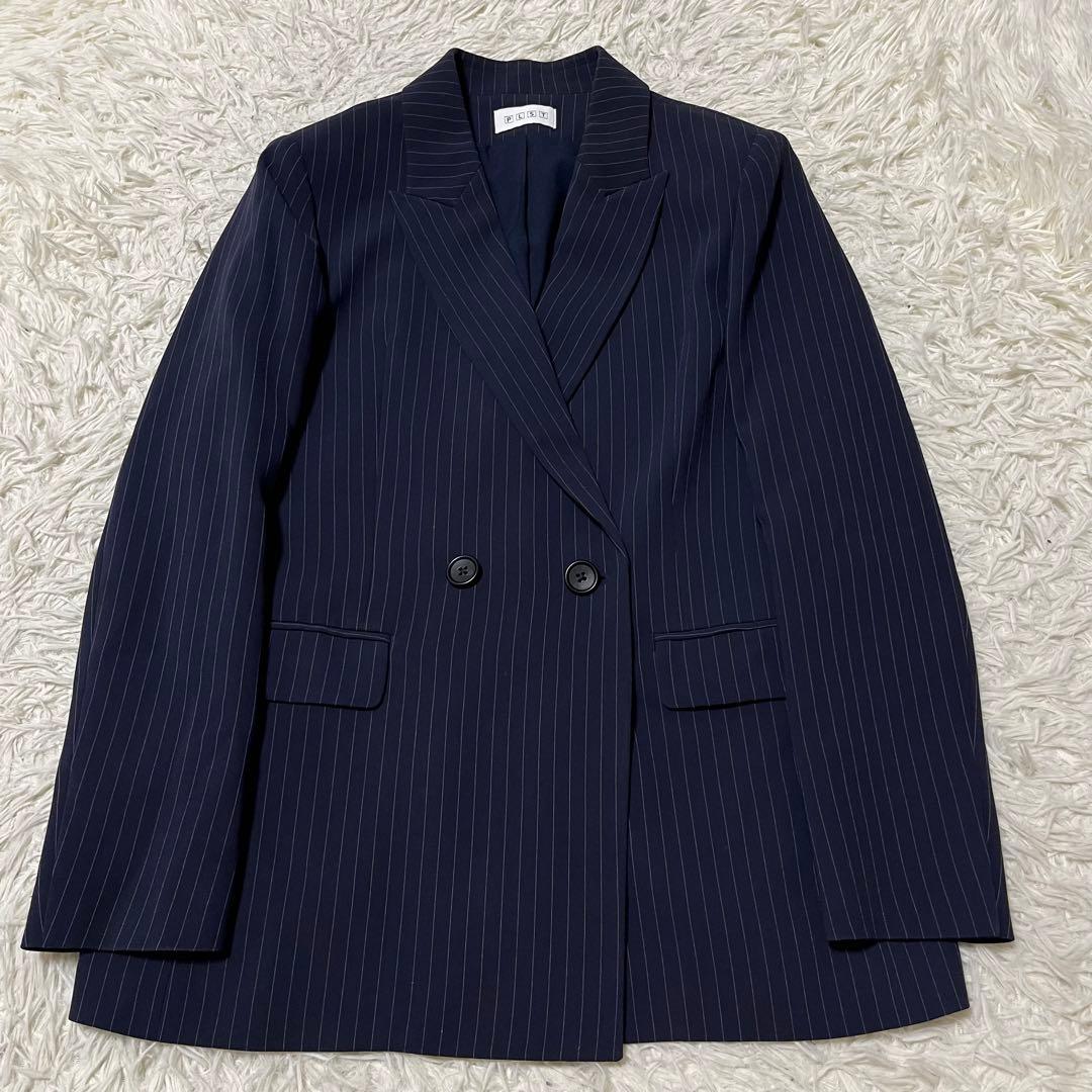 美品 S PLST ネイビー ストライプ ダブル セットアップ スーツ