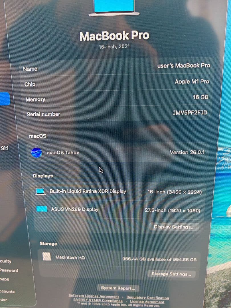 MacBook Pro 16インチ　M1 Pro／16GB／1TB　画面故障あり