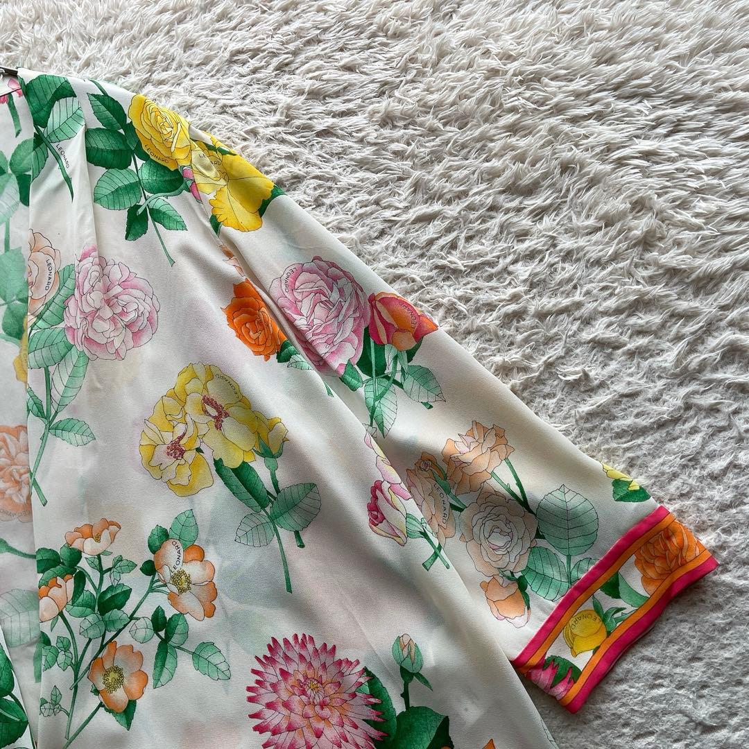 レオナール カーディガン はおり 総柄 花柄 トリム マルチカラー シルク M