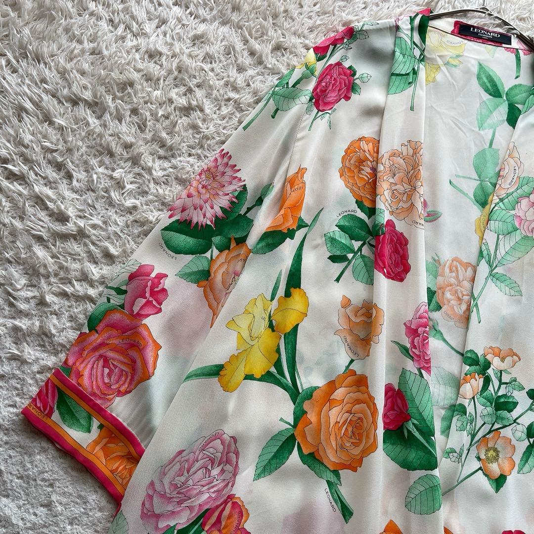 レオナール カーディガン はおり 総柄 花柄 トリム マルチカラー シルク M