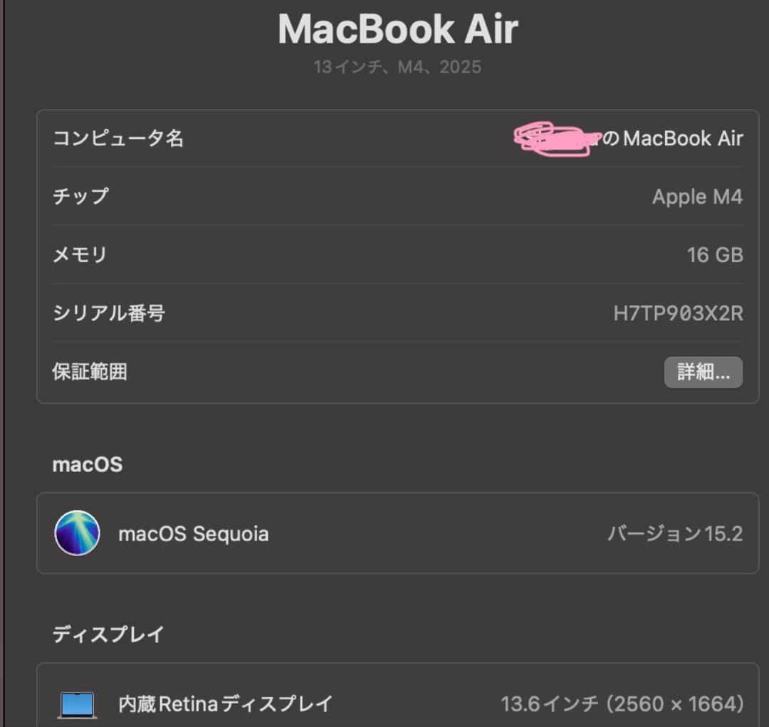 Apple MacBook Air M4 16GB 13インチ　スターライト