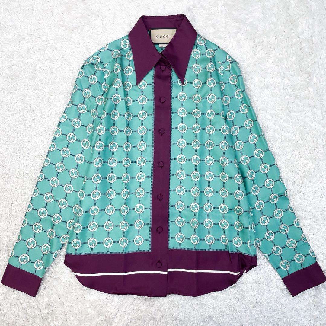GUCCI インターロッキング シルク シャツブラウス トップス 36 ブルー