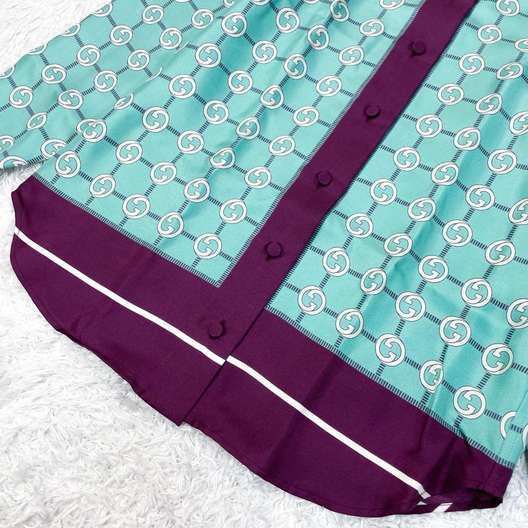 GUCCI インターロッキング シルク シャツブラウス トップス 36 ブルー